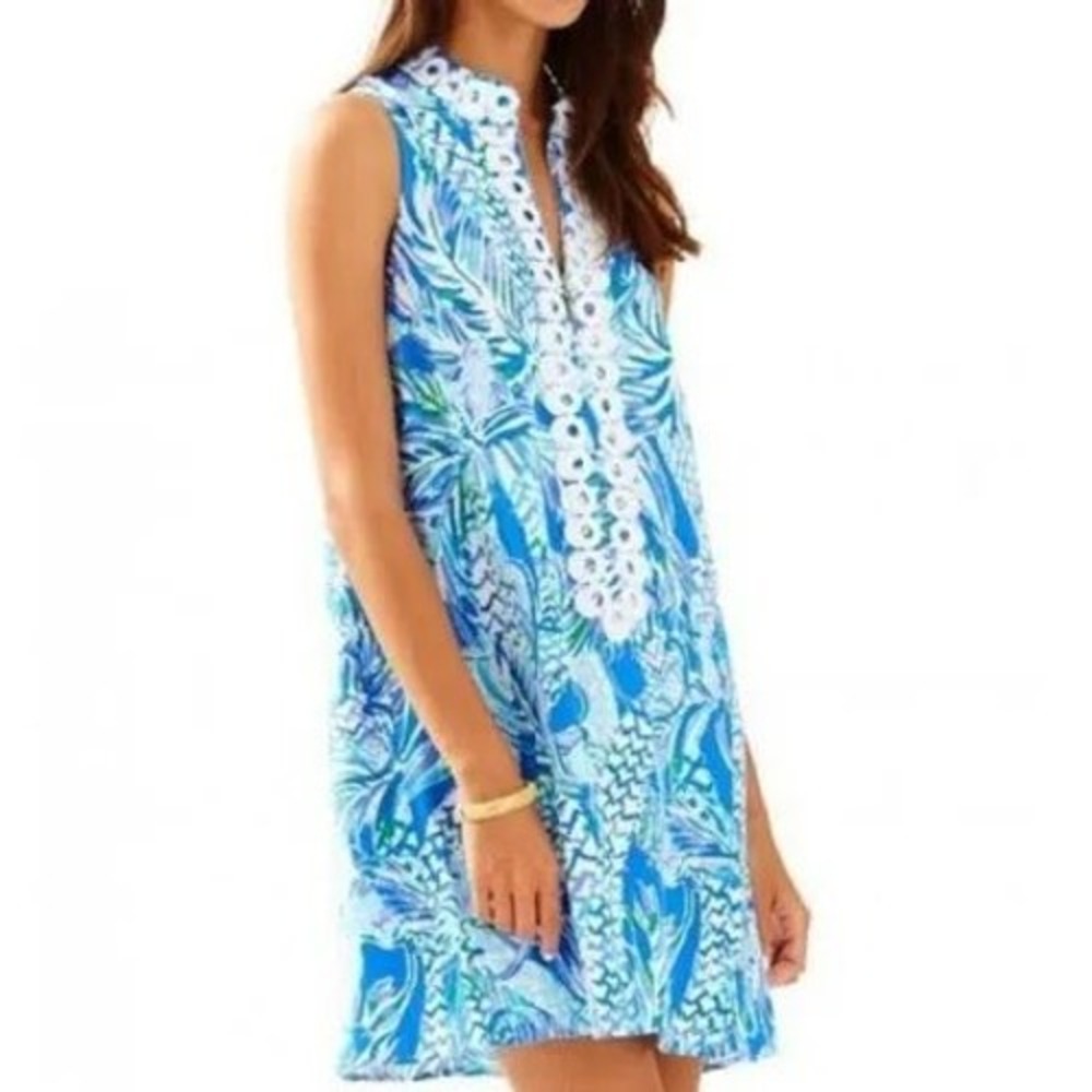 Lilly Pulitzer Blue Green Tropical Palm Print Sleeveless Shift Dress Size 2